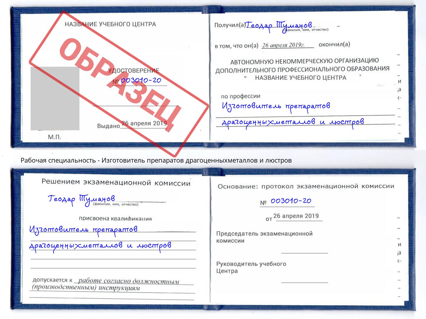 Изготовитель препаратов драгоценныхметаллов и люстров Артем