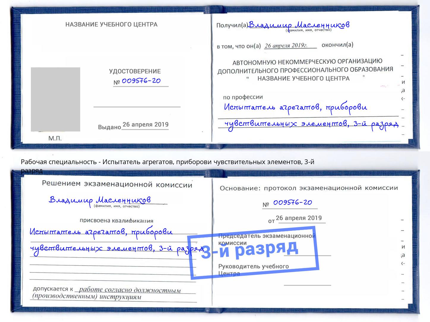корочка 3-й разряд Испытатель агрегатов, приборови чувствительных элементов Артем