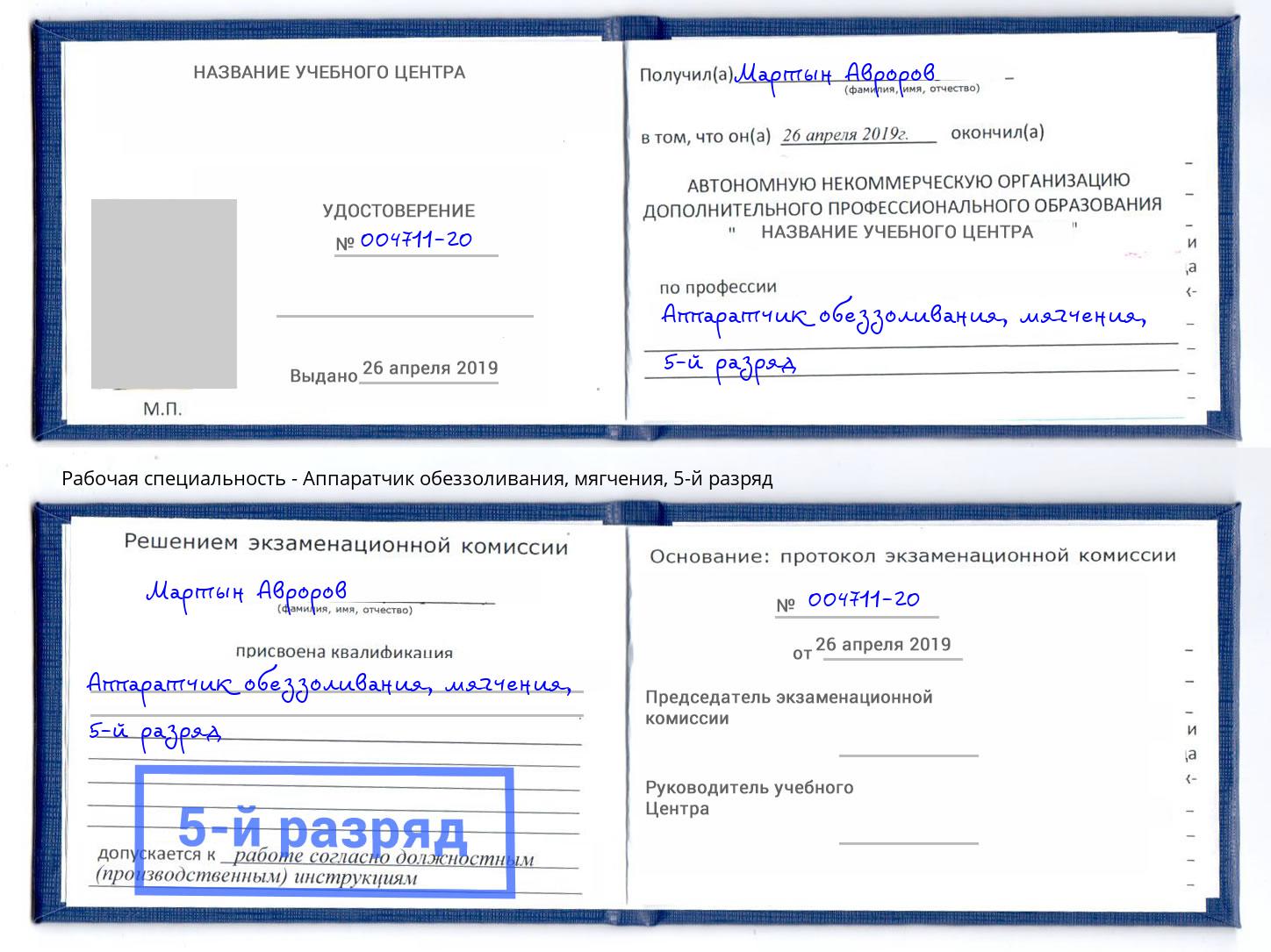 корочка 5-й разряд Аппаратчик обеззоливания, мягчения Артем