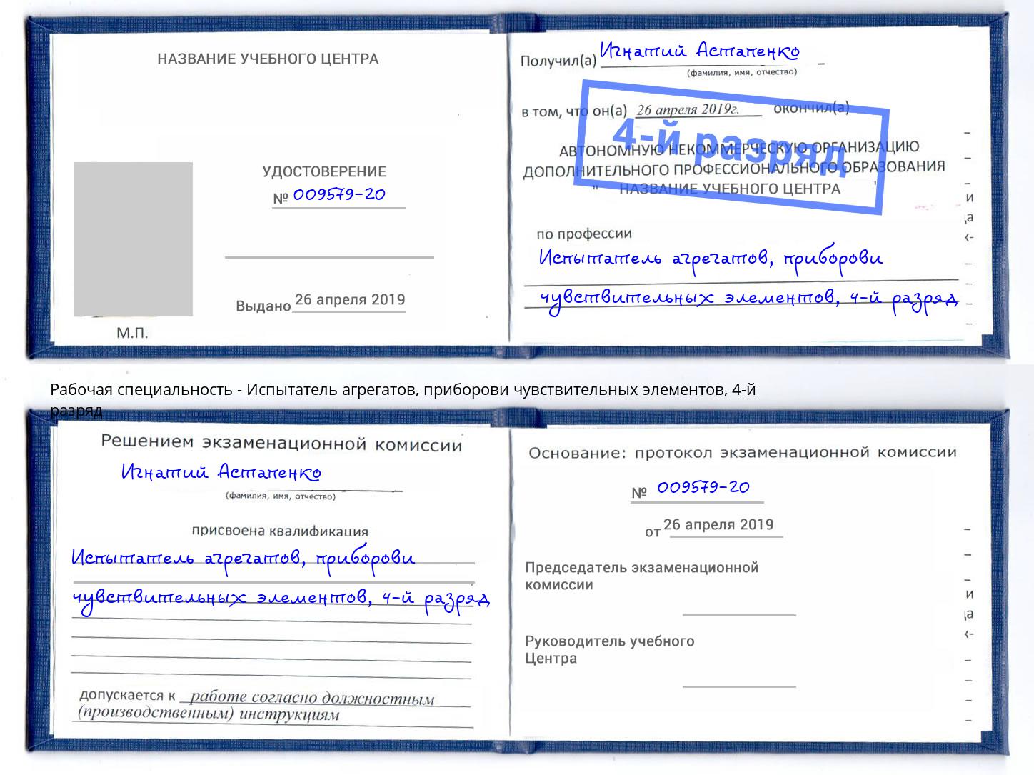 корочка 4-й разряд Испытатель агрегатов, приборови чувствительных элементов Артем