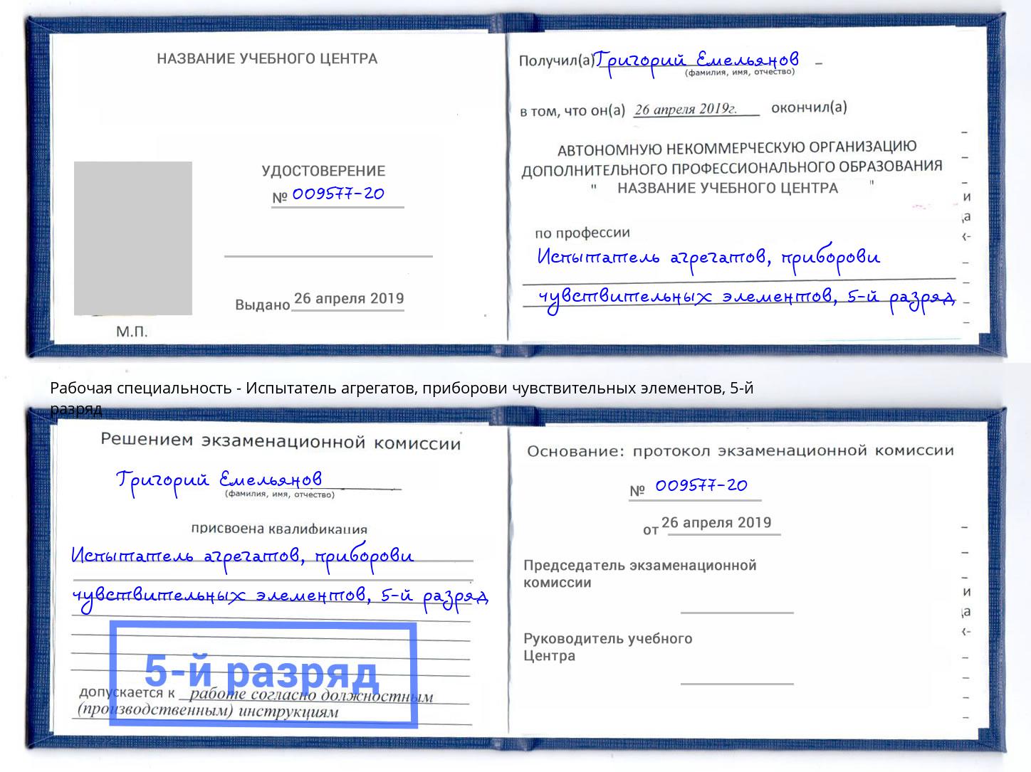 корочка 5-й разряд Испытатель агрегатов, приборови чувствительных элементов Артем