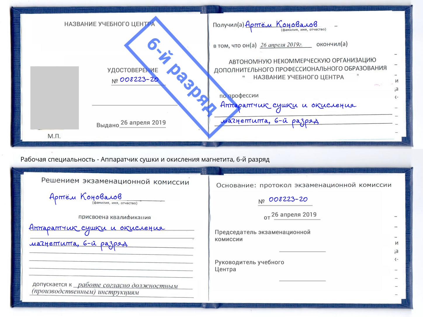 корочка 6-й разряд Аппаратчик сушки и окисления магнетита Артем