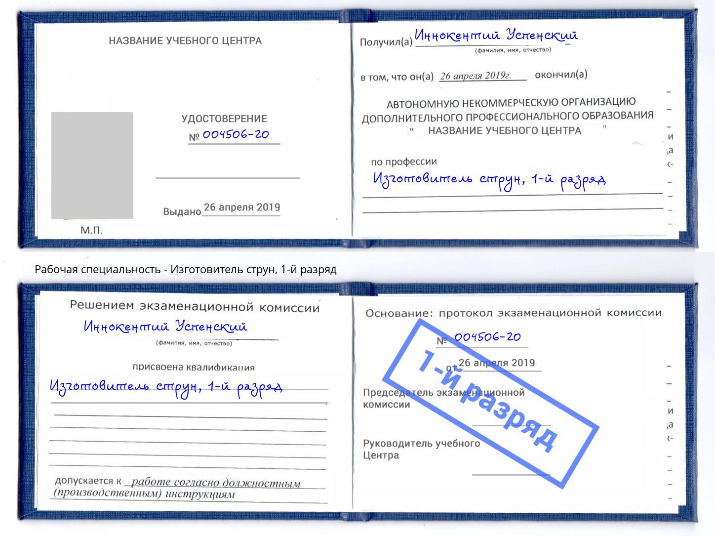 корочка 1-й разряд Изготовитель струн Артем
