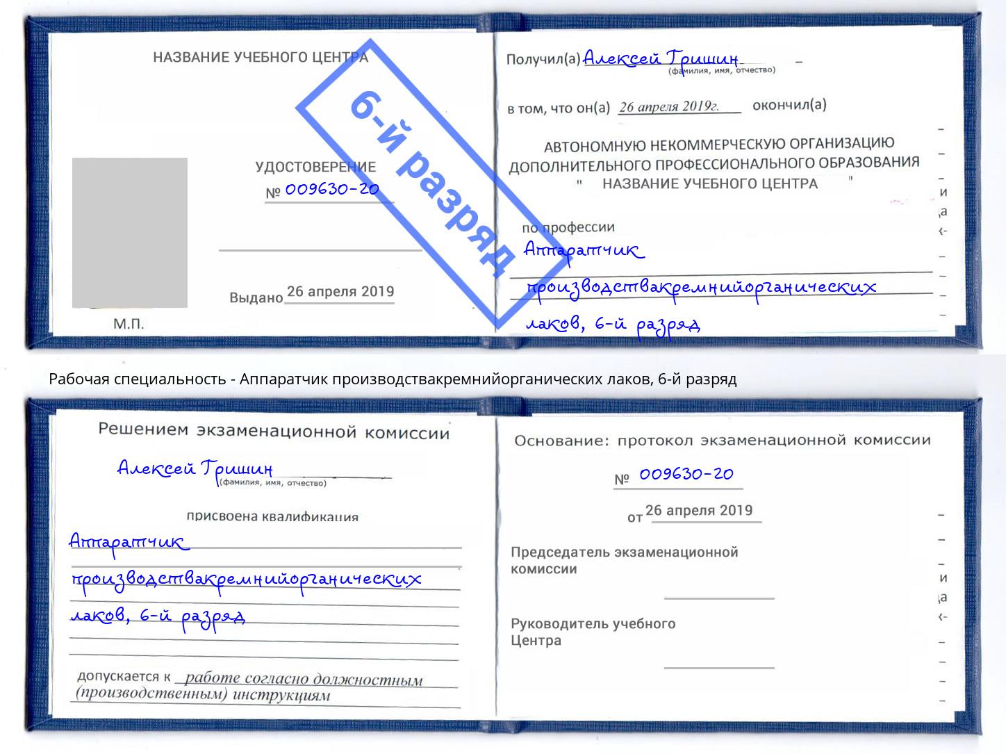 корочка 6-й разряд Аппаратчик производствакремнийорганических лаков Артем