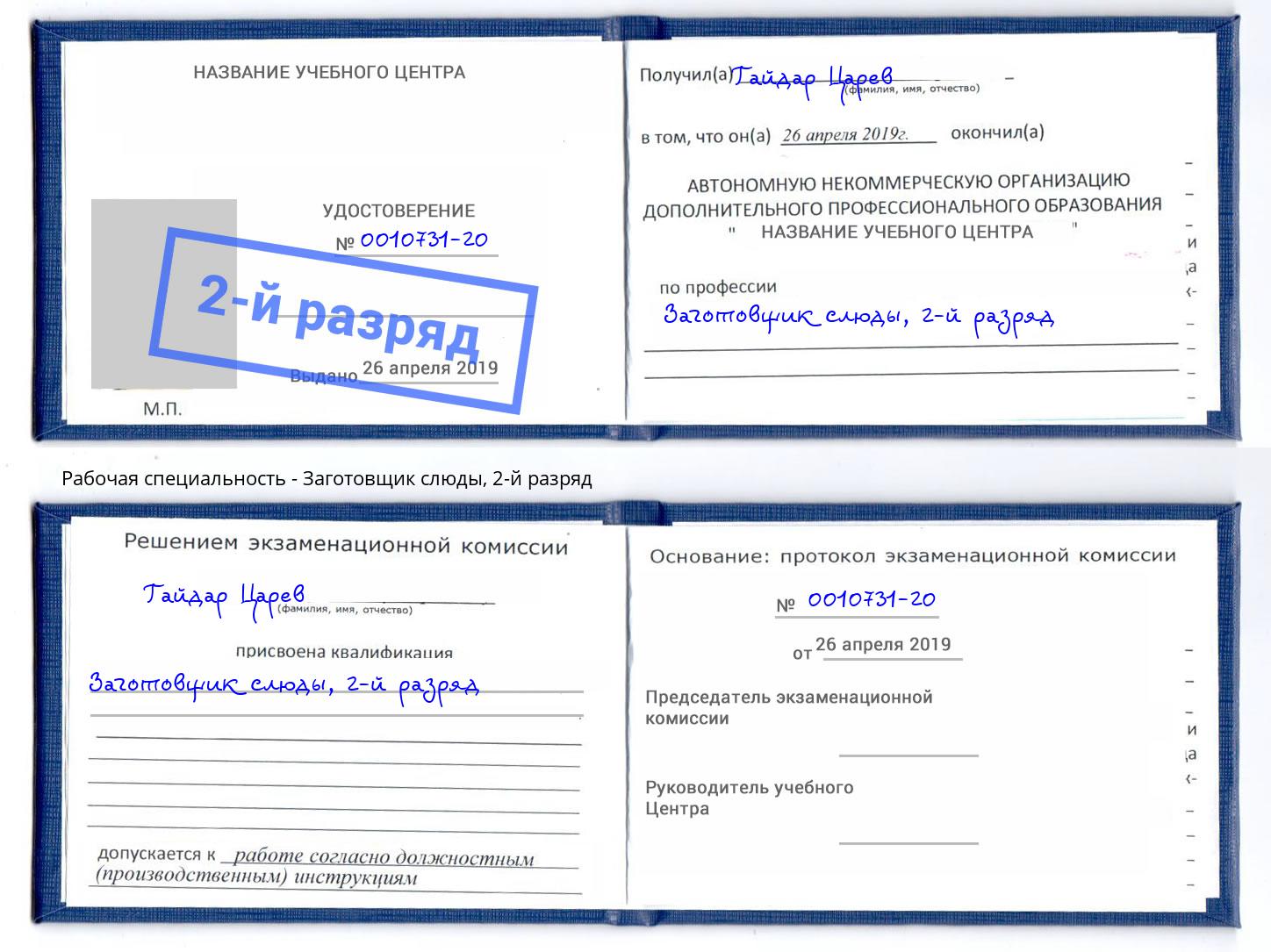 корочка 2-й разряд Заготовщик слюды Артем