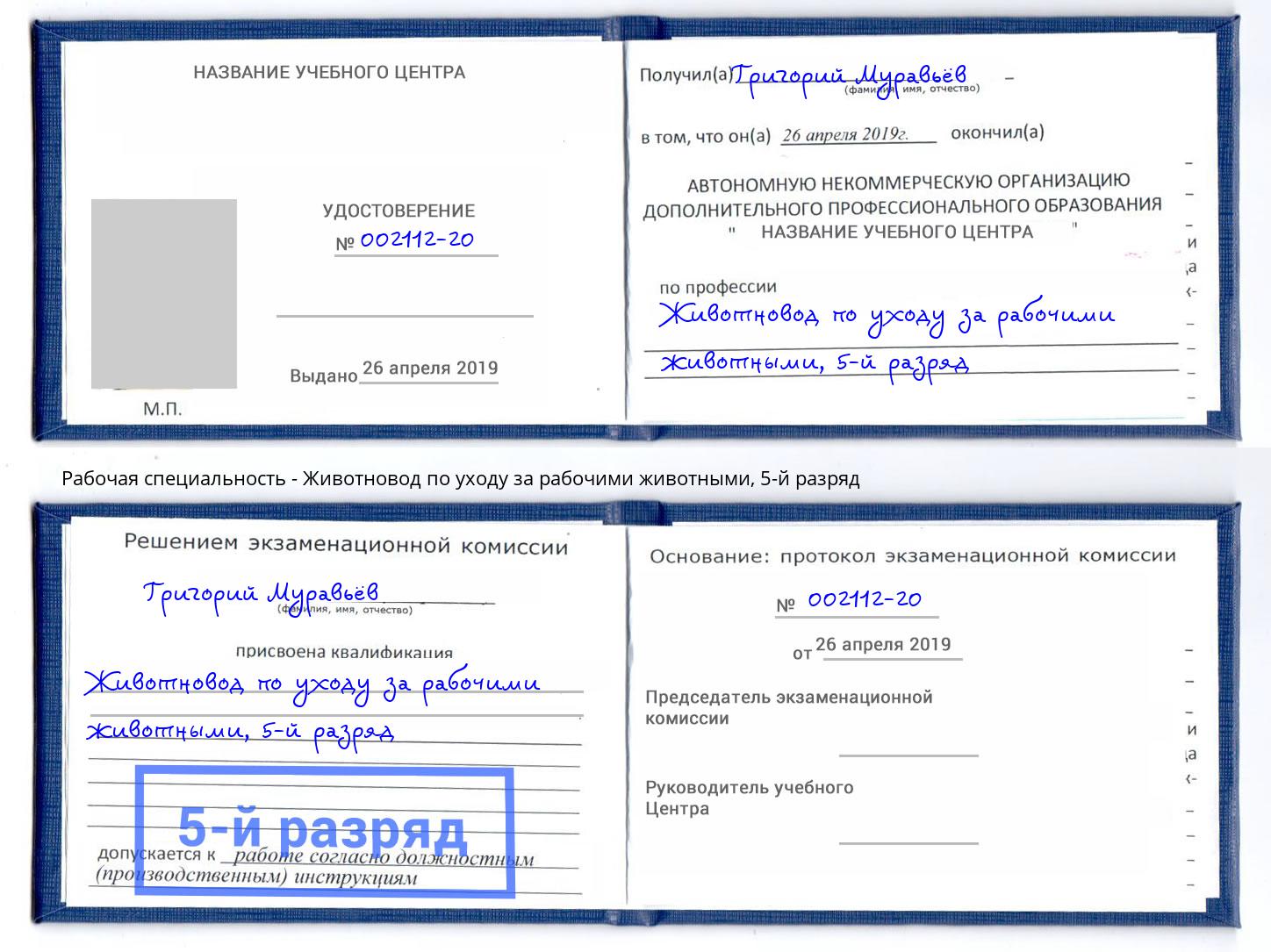 корочка 5-й разряд Животновод по уходу за рабочими животными Артем