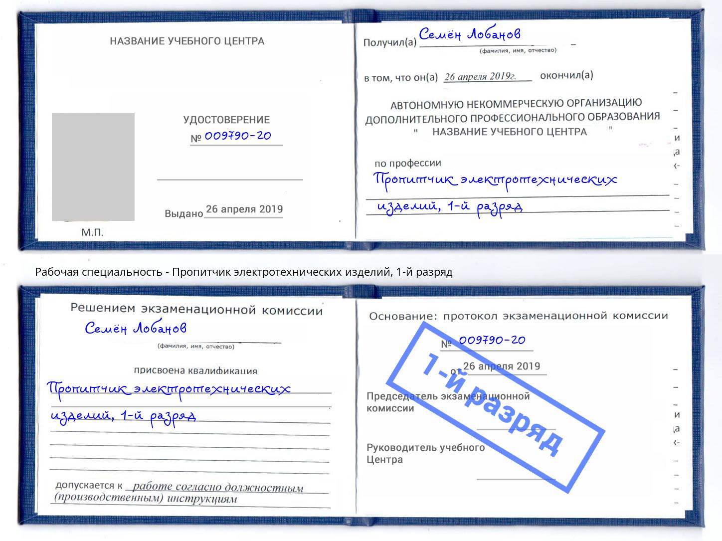 корочка 1-й разряд Пропитчик электротехнических изделий Артем