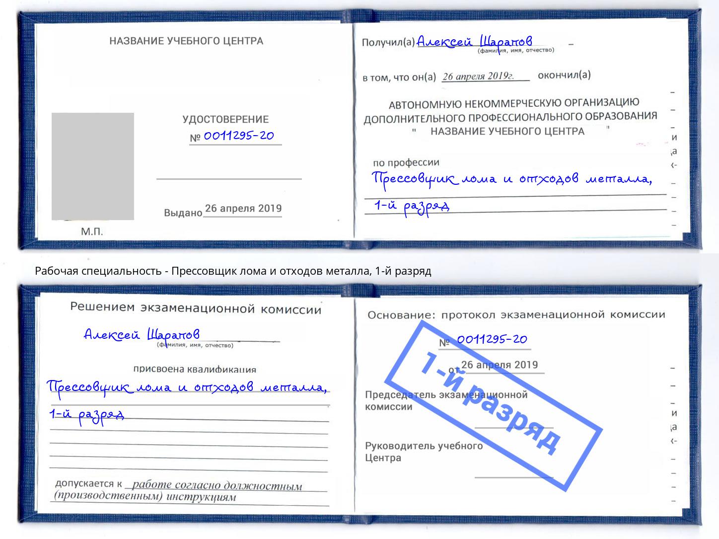 корочка 1-й разряд Прессовщик лома и отходов металла Артем