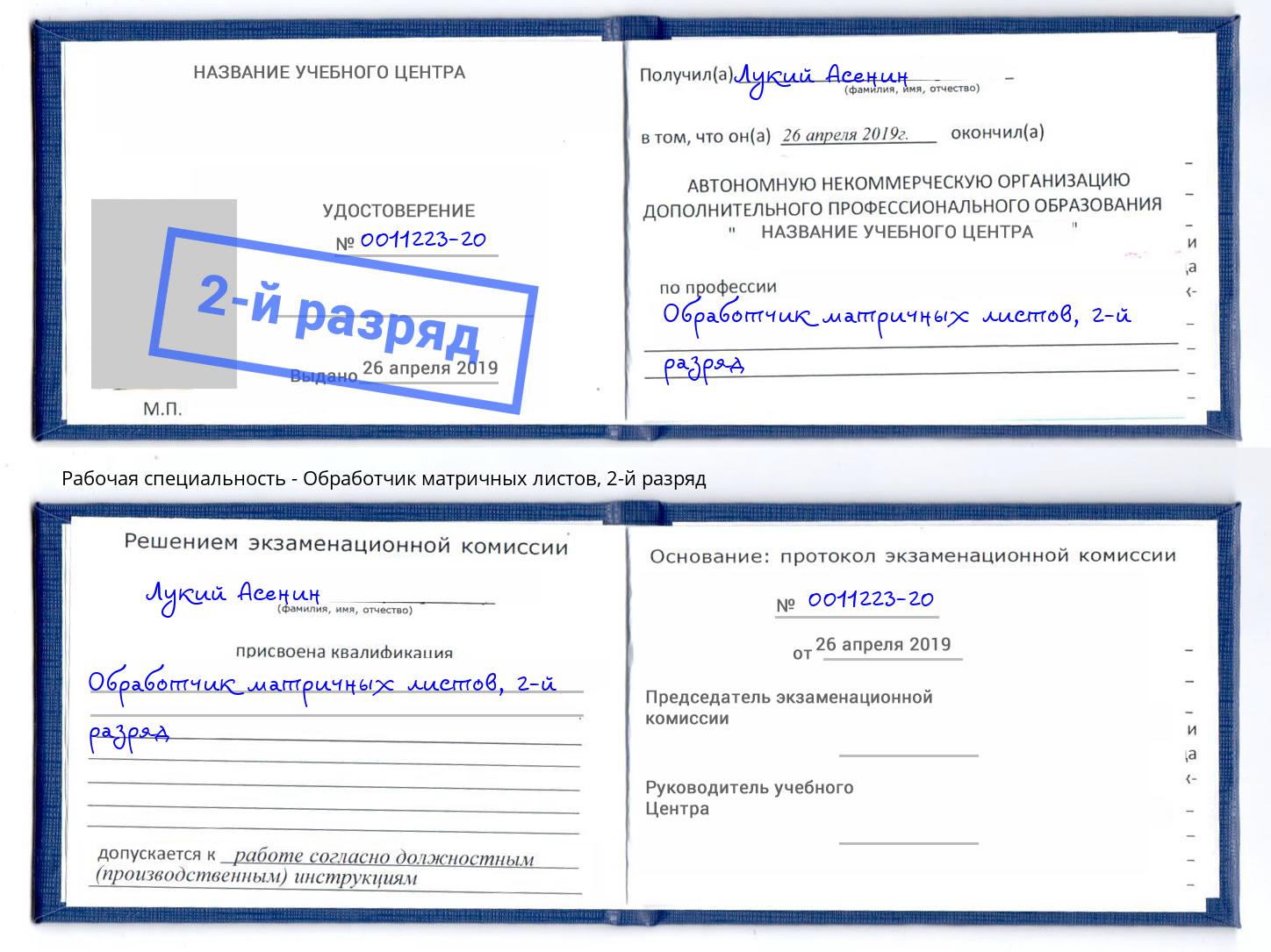 корочка 2-й разряд Обработчик матричных листов Артем