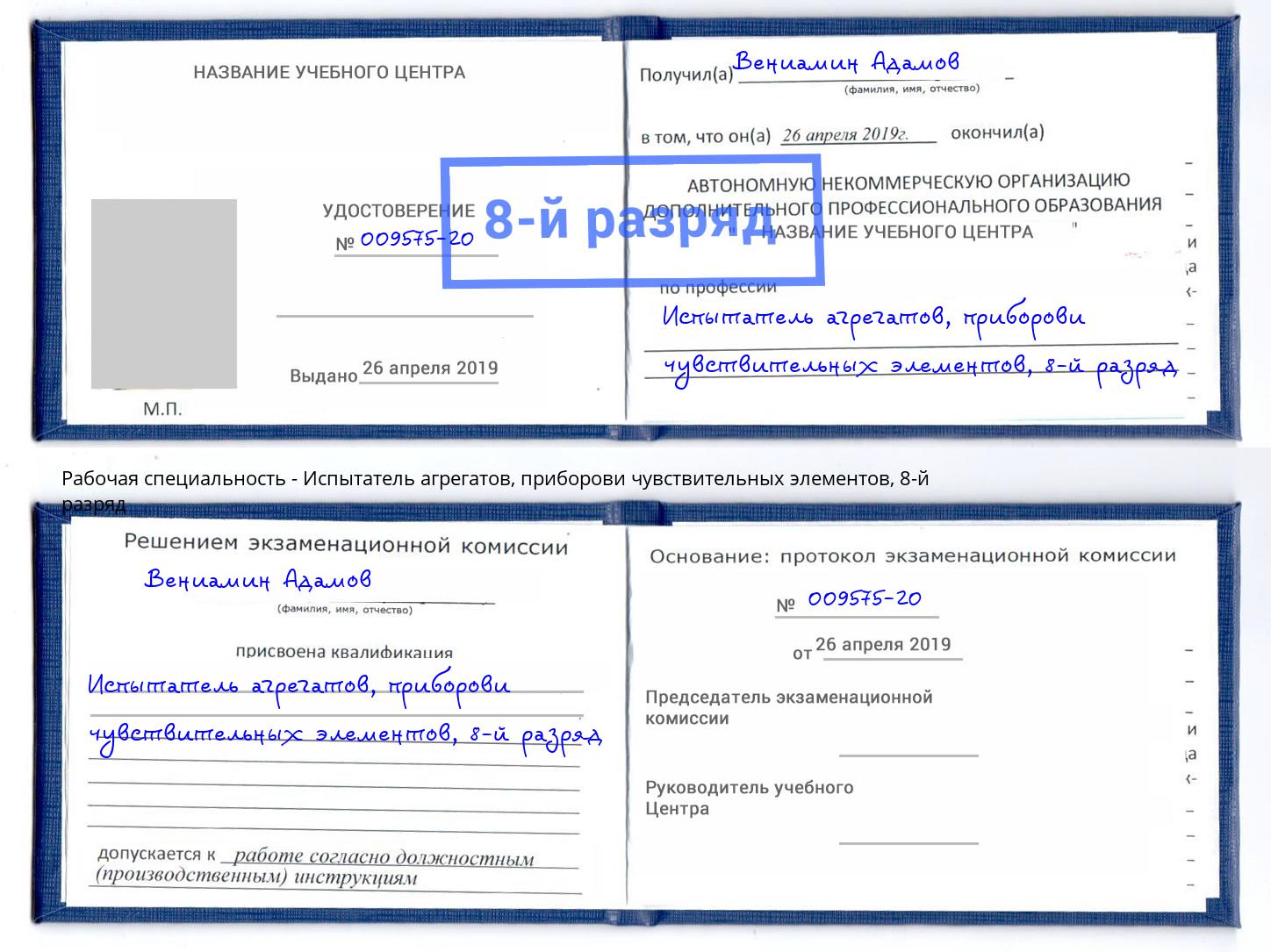корочка 8-й разряд Испытатель агрегатов, приборови чувствительных элементов Артем